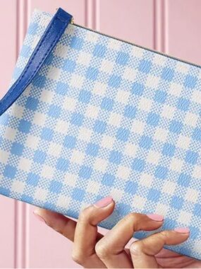 Ipsy Blue Gingham Faux Leather Glam Bag Wristlet